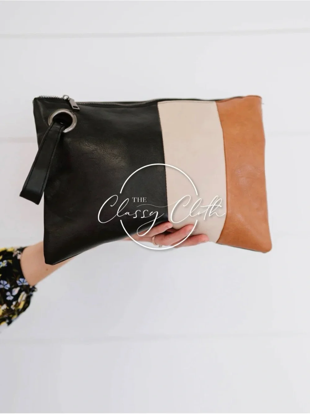Tri-Panel Leather Wristlet Clutch in Black, Cream & Tan